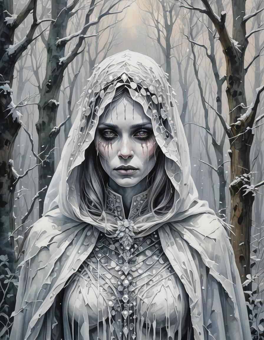 Gothic Crystal Phantom in Misty Forest: Gouache Impressionis...