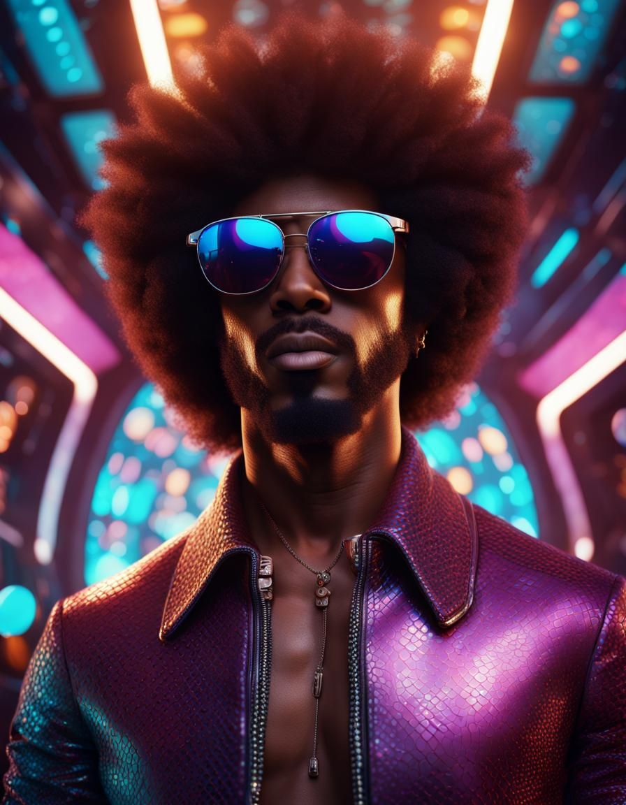 Afro Man in Disco Spaceship, Detailed Matte Painting