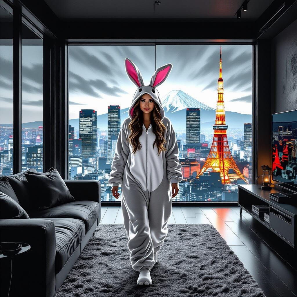 Pokimane in Cyberpunk Penthouse: Art Deco Charcoal Drawing