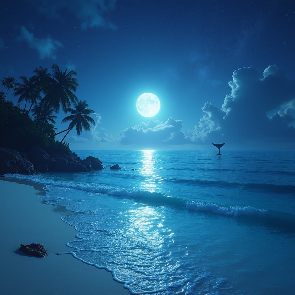 Dreamlike Underwater Beachscape at Full Moon with Dolphins a...