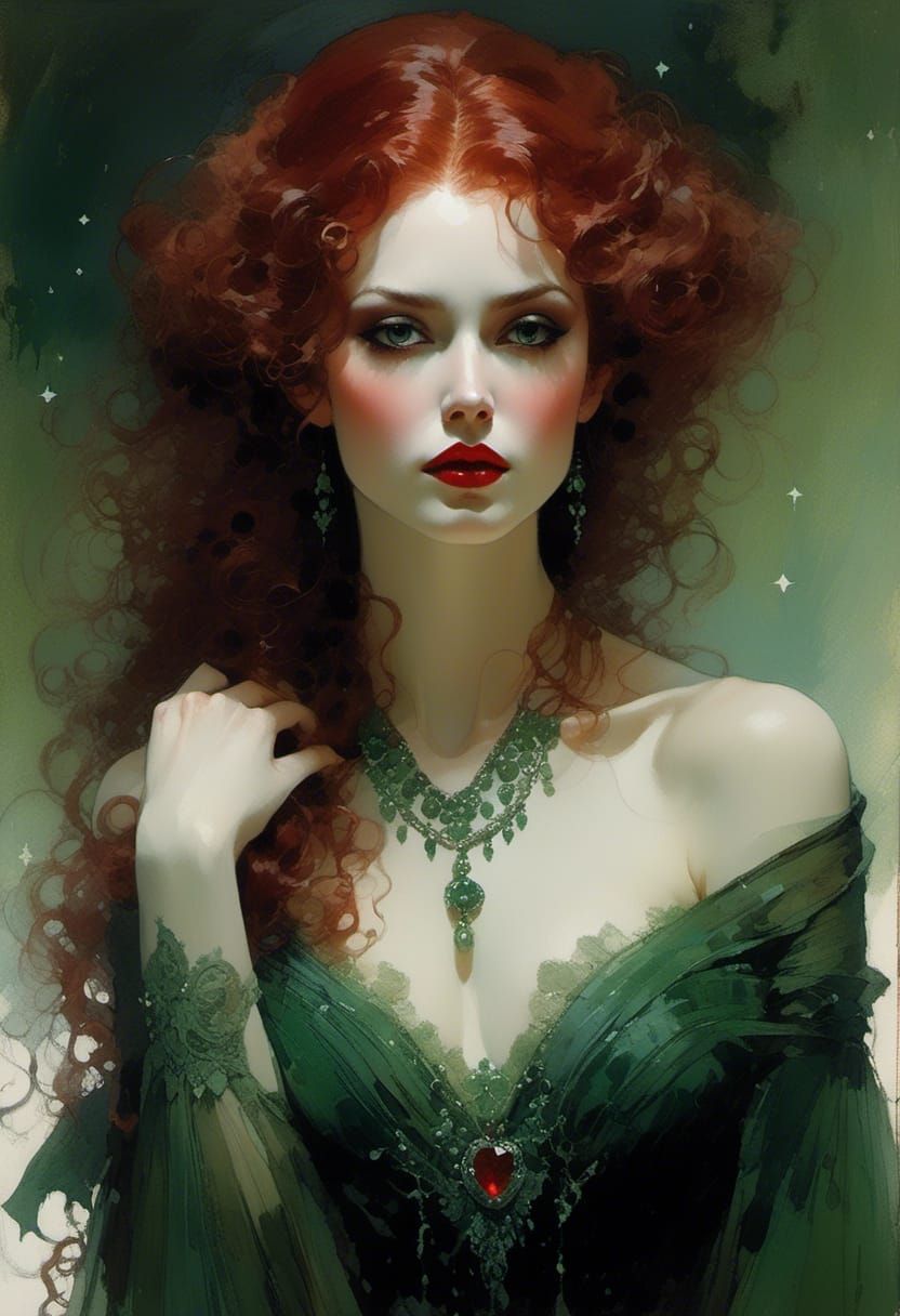 Elegant Vampiress in Green Gown, Dramatic Matte Painting