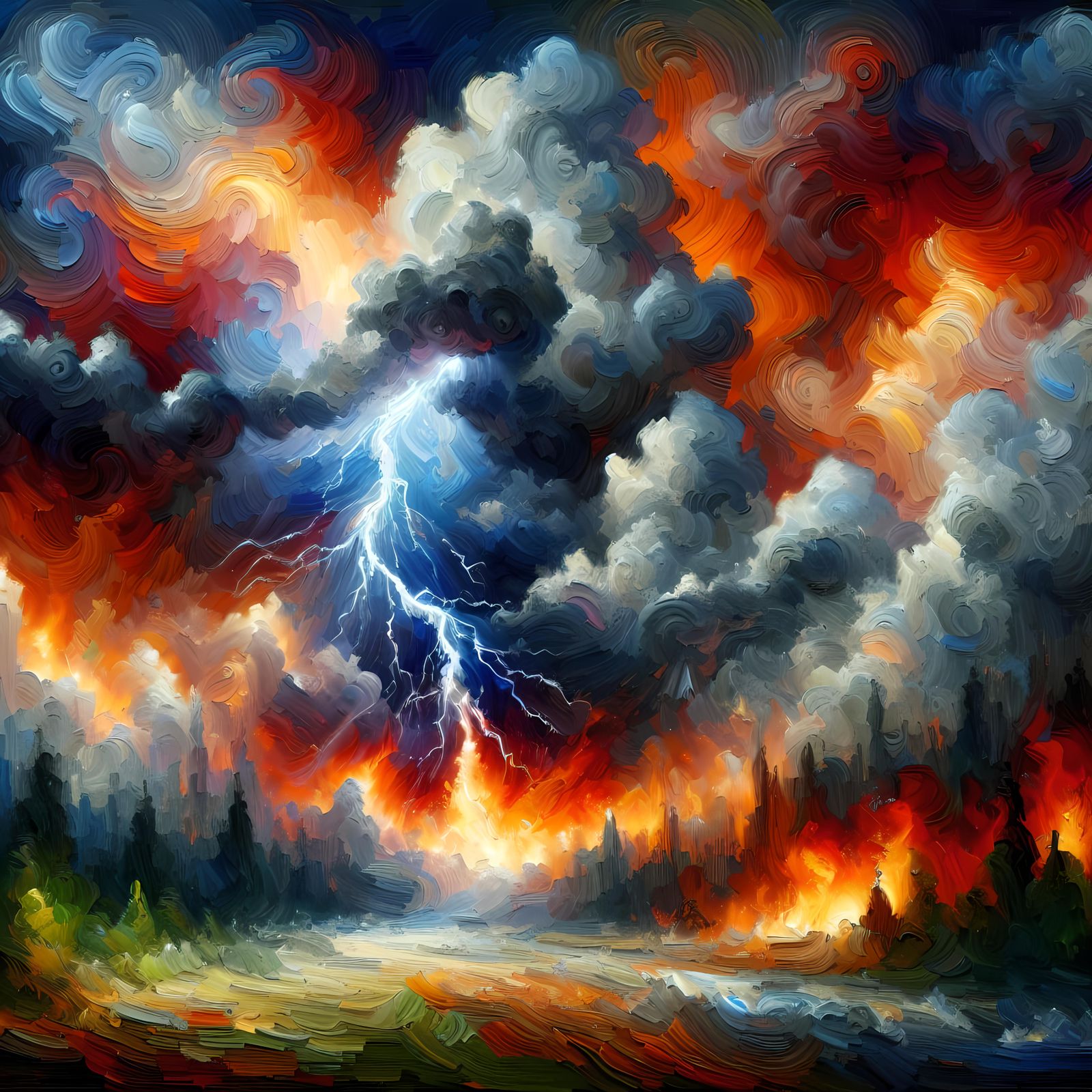 Forest Fire Ignited by Lightning: Neo-Expressionist Acrylic