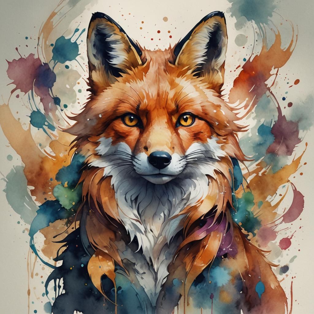 Watercolor Fox Portrait in Hyperdetailed Splash Art Style