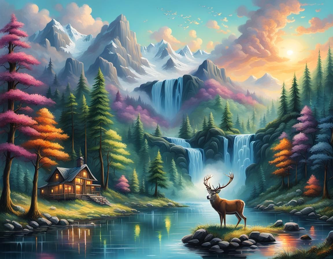 Majestic Buck in Colorful Graffiti Nature Scene