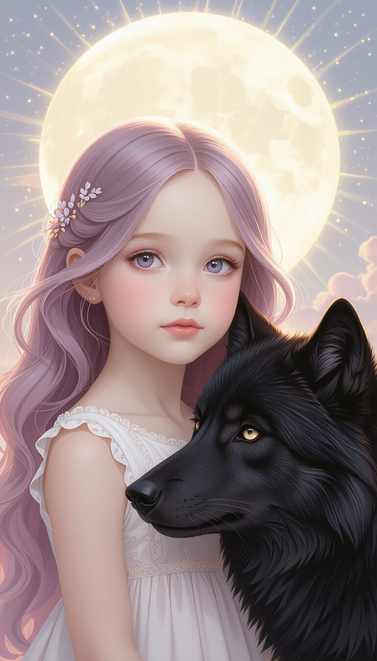 Girl and Black Wolf Under Moonlight