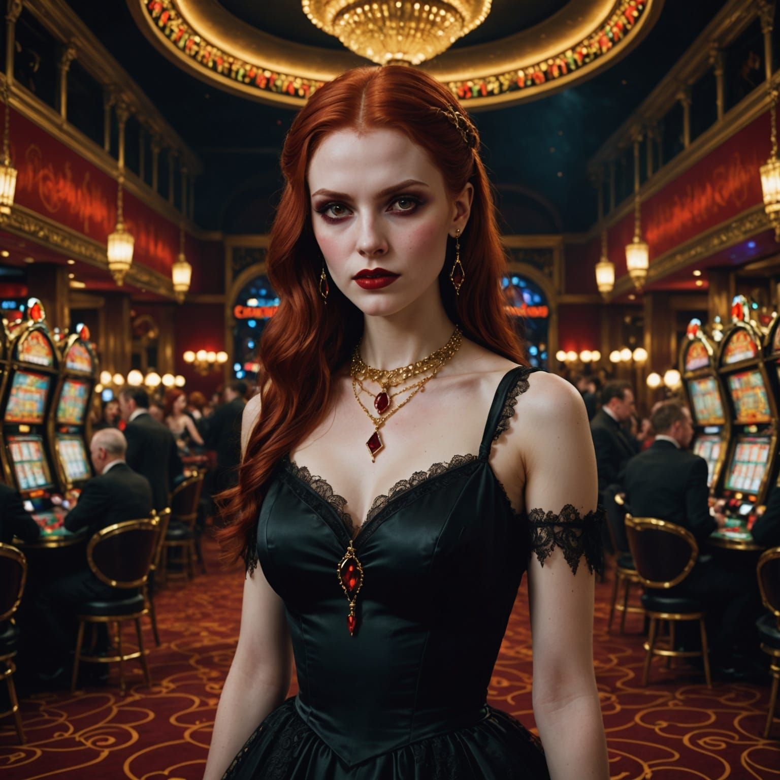 Ethereal Vampire Woman Reigns Over a Bustling Casino Night