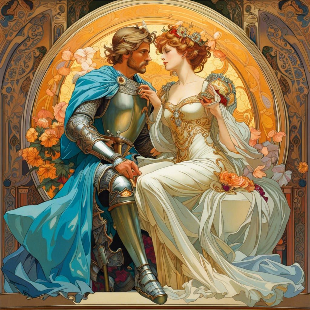Knight Holding Damsel in Mucha Style