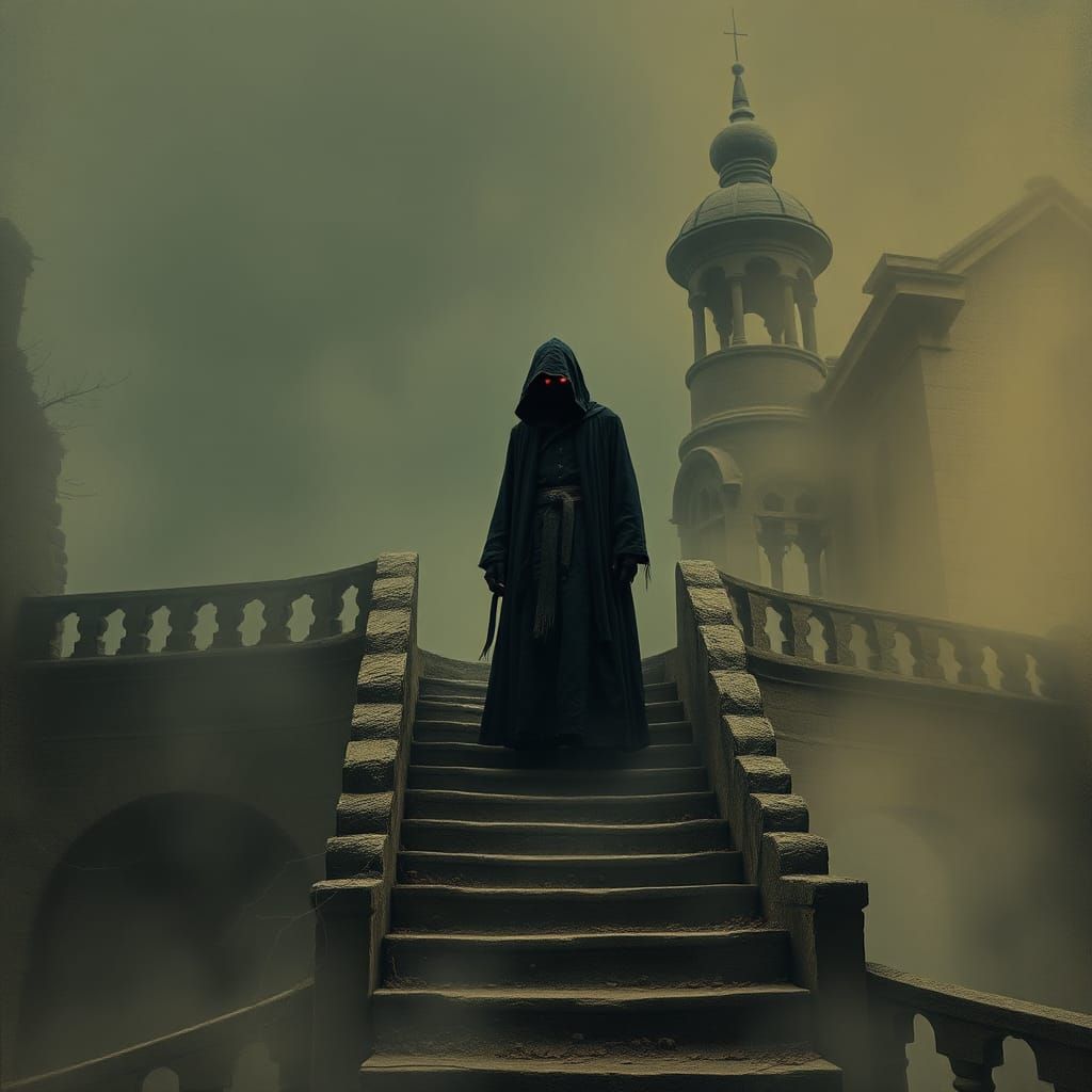 Ominous Figure Before Ancient Mansion in Dark Surrealism