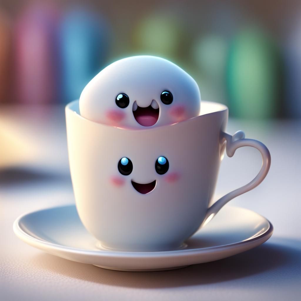 Cute Translucent Ghost Hiding in Tea Cup