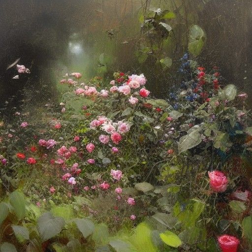 Surreal Rose Garden as Oil Painting