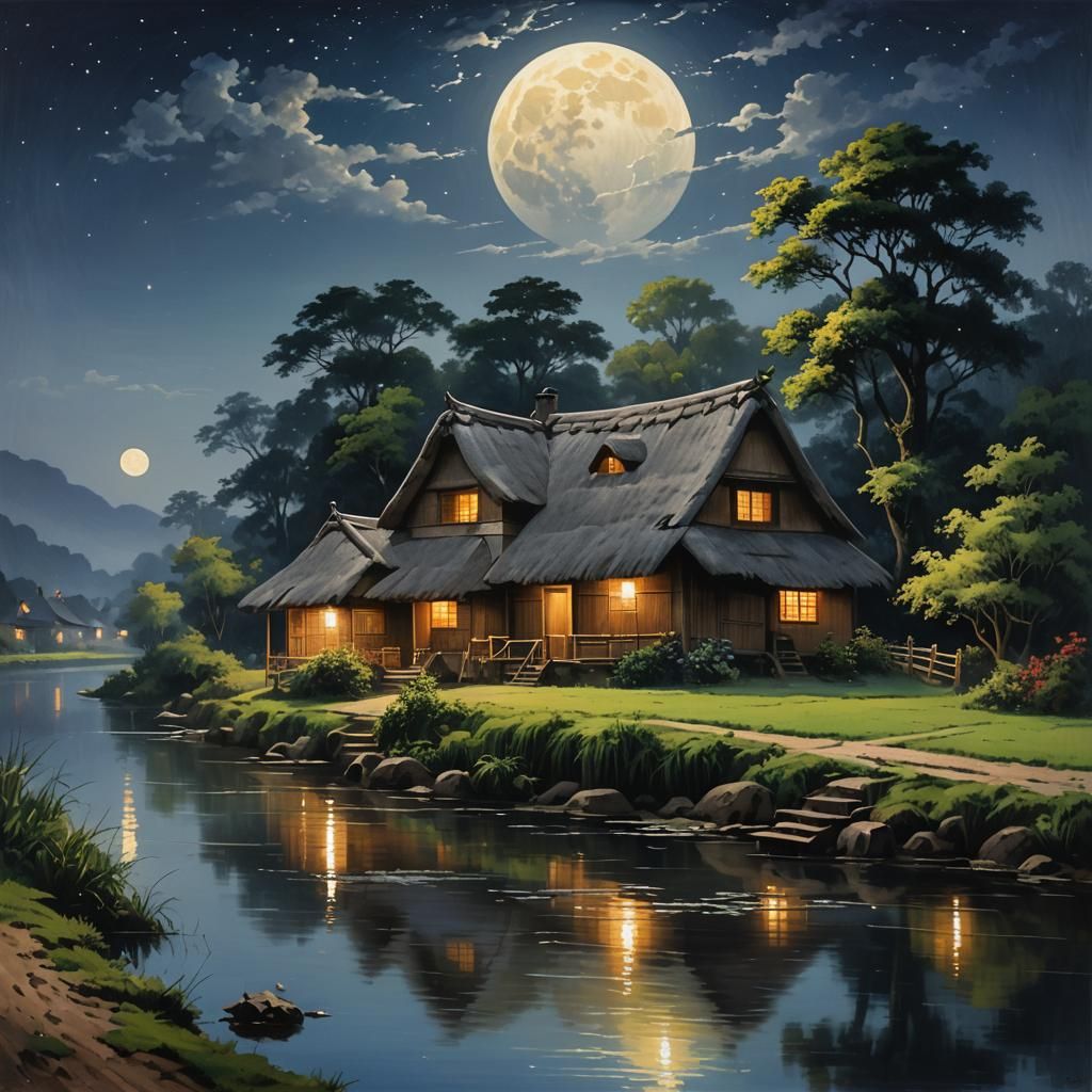 Anime-Style Indian Village House by a River