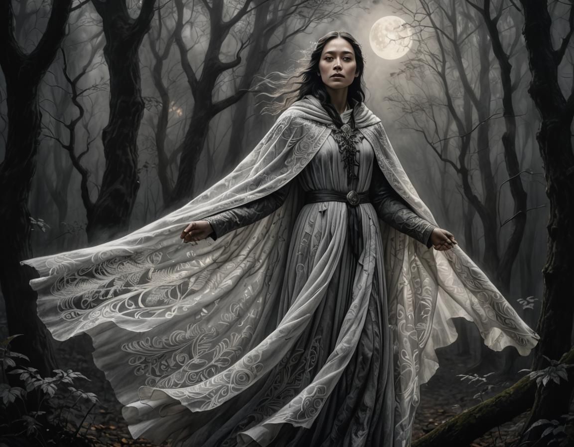 Lady White Crow in Charcoal, Moonlit Forest