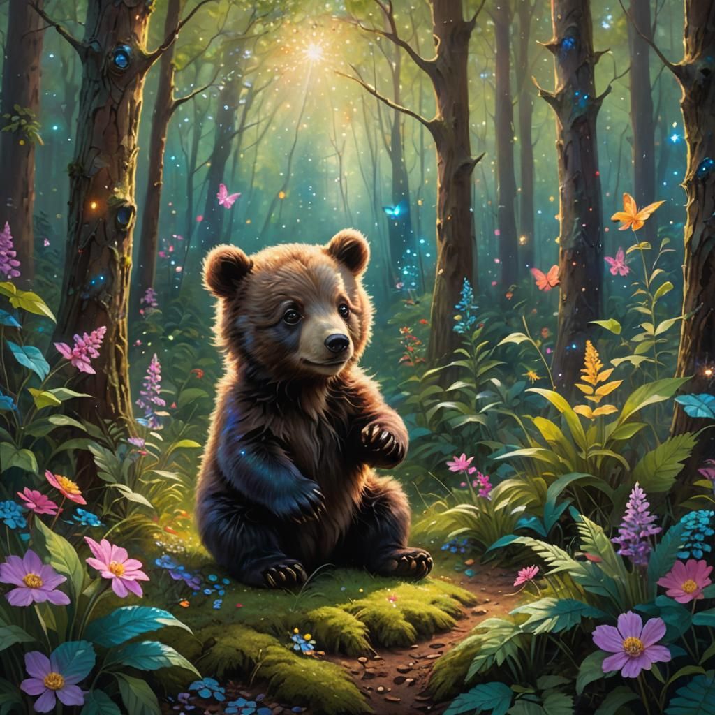 Enchanted Forest: A Cute Bear Cub's Pastel Adventure