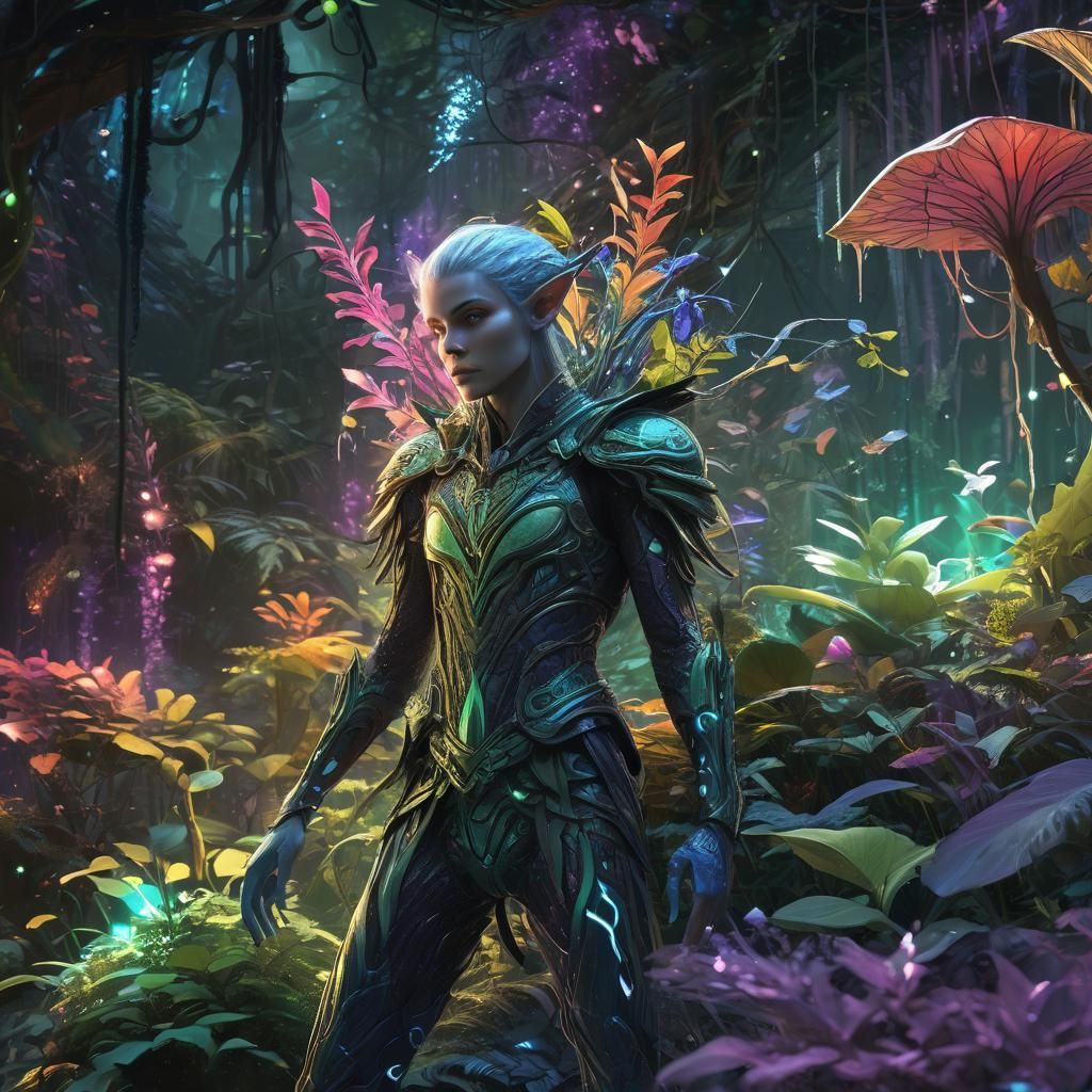 Magical Elf in Futuristic Glowing Jungle