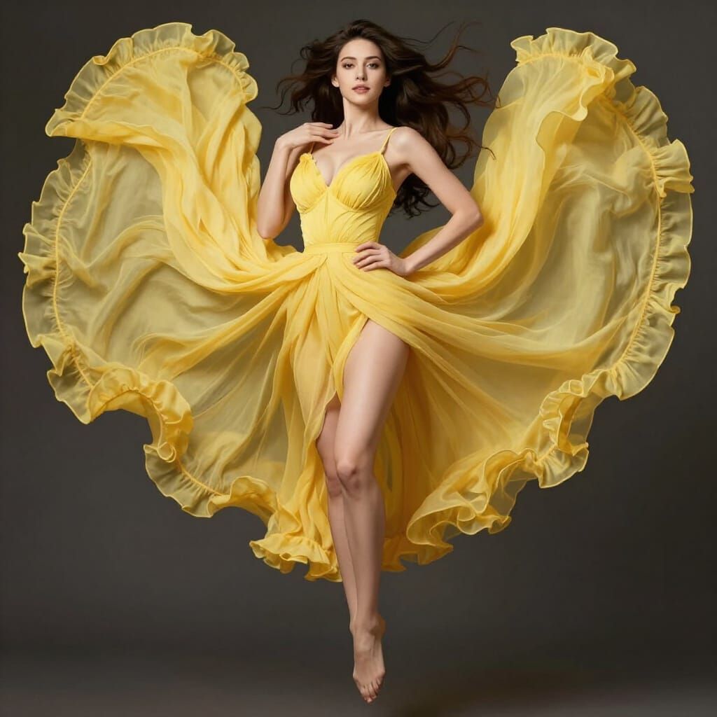 Woman in Flowing Yellow Dress, Romantic Style