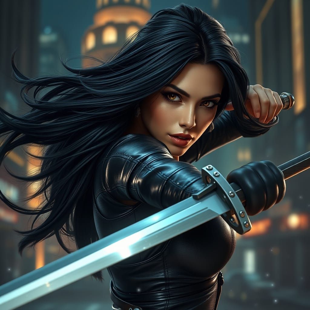 Warrior Woman in Leather with Sword in City Night