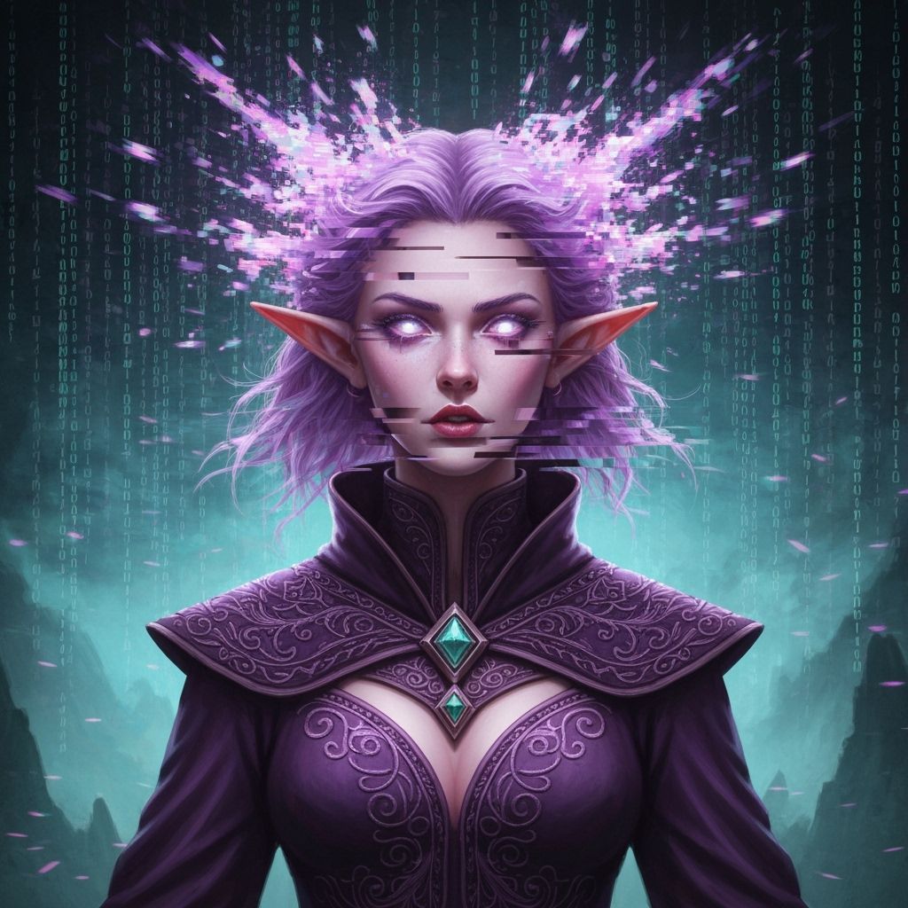Glitching Half-Elf Sorceress in Dark Fantasy Concept Art