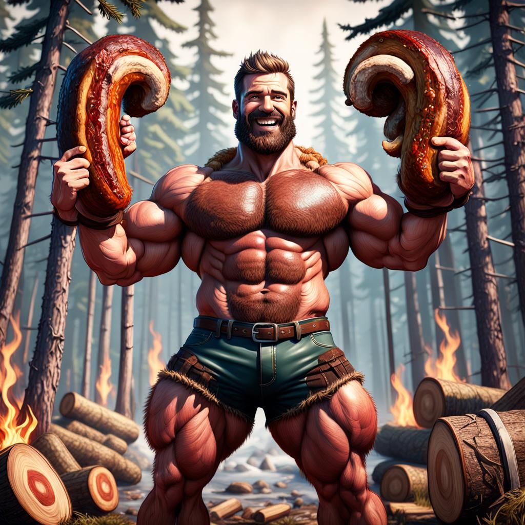 Strong Lumberjack Lifts Sausage in Detailed Fantasy Art