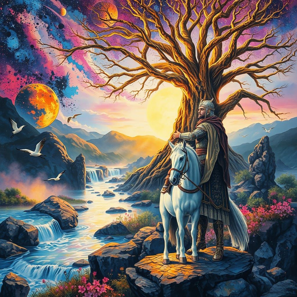 Surrealist Landscape with Luminescent Tree and Vibrant River