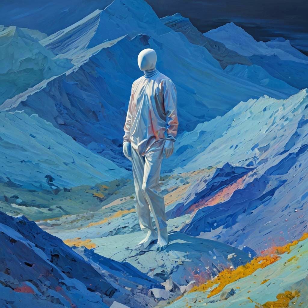 Figure Disappears into Abstract Blue Horizon