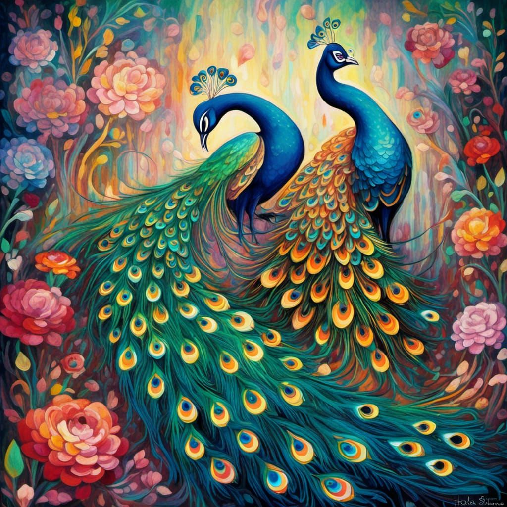 Dancing Peacocks in Gothic Floral Garden