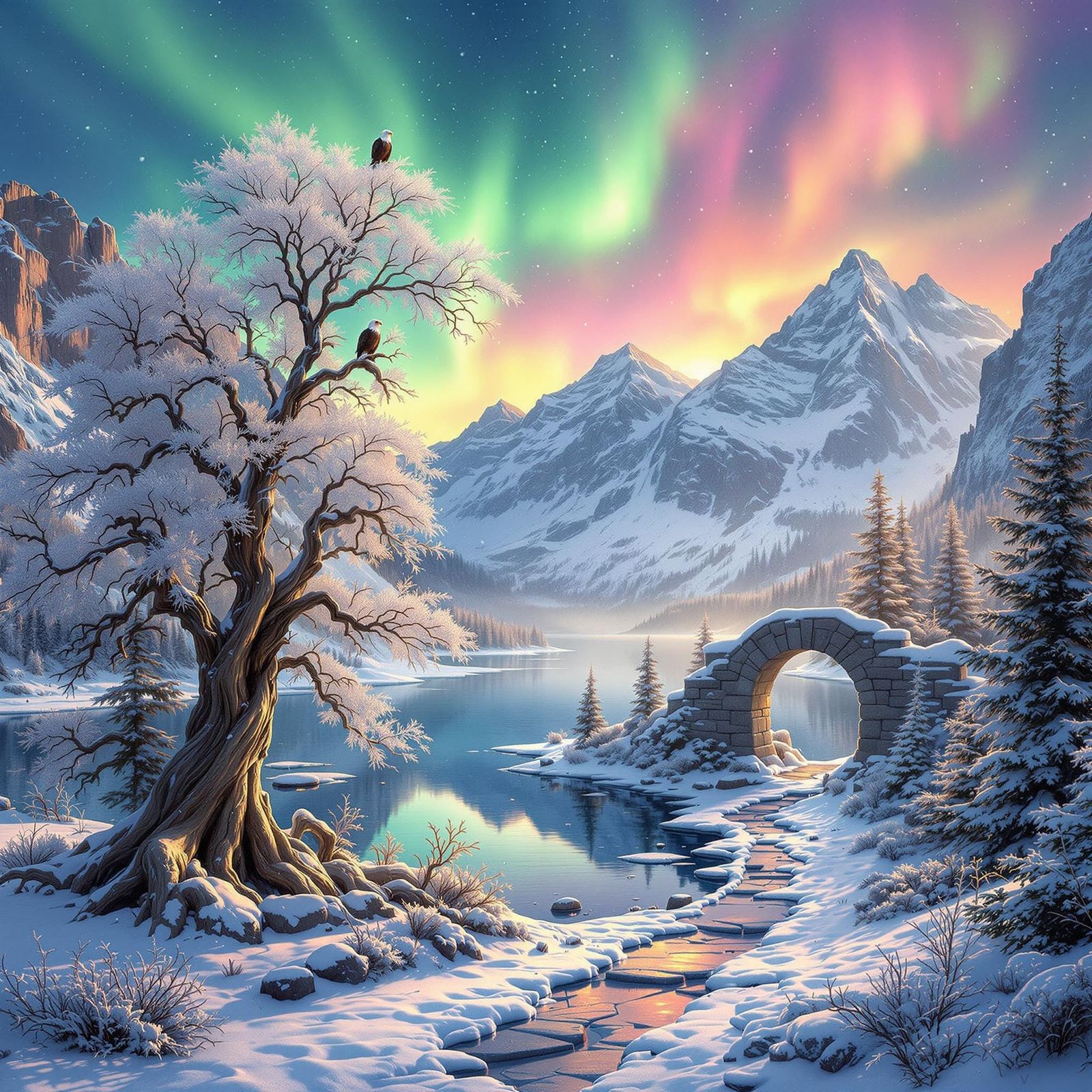 Tranquil Alpine Sunrise with Aurora Borealis Reflection