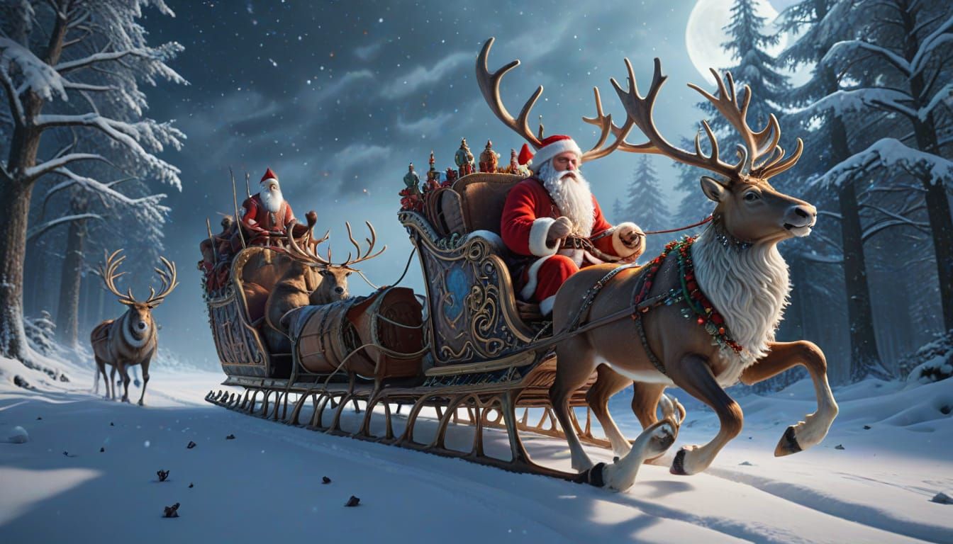 Santa's Majestic Sleigh Flying Through Magical Winter World
