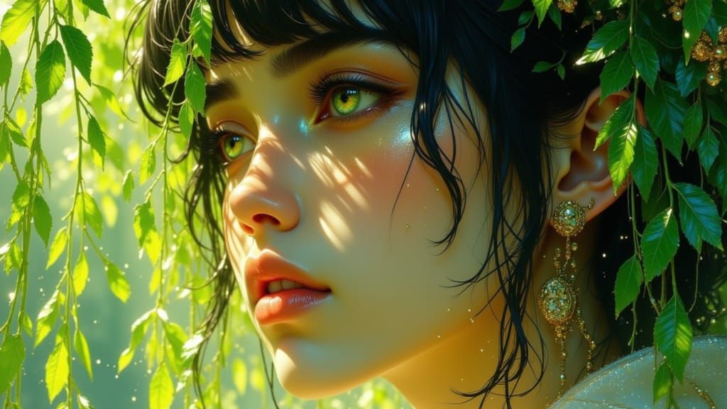 Serene Face Under Weeping Willow in Dappled Sunlight