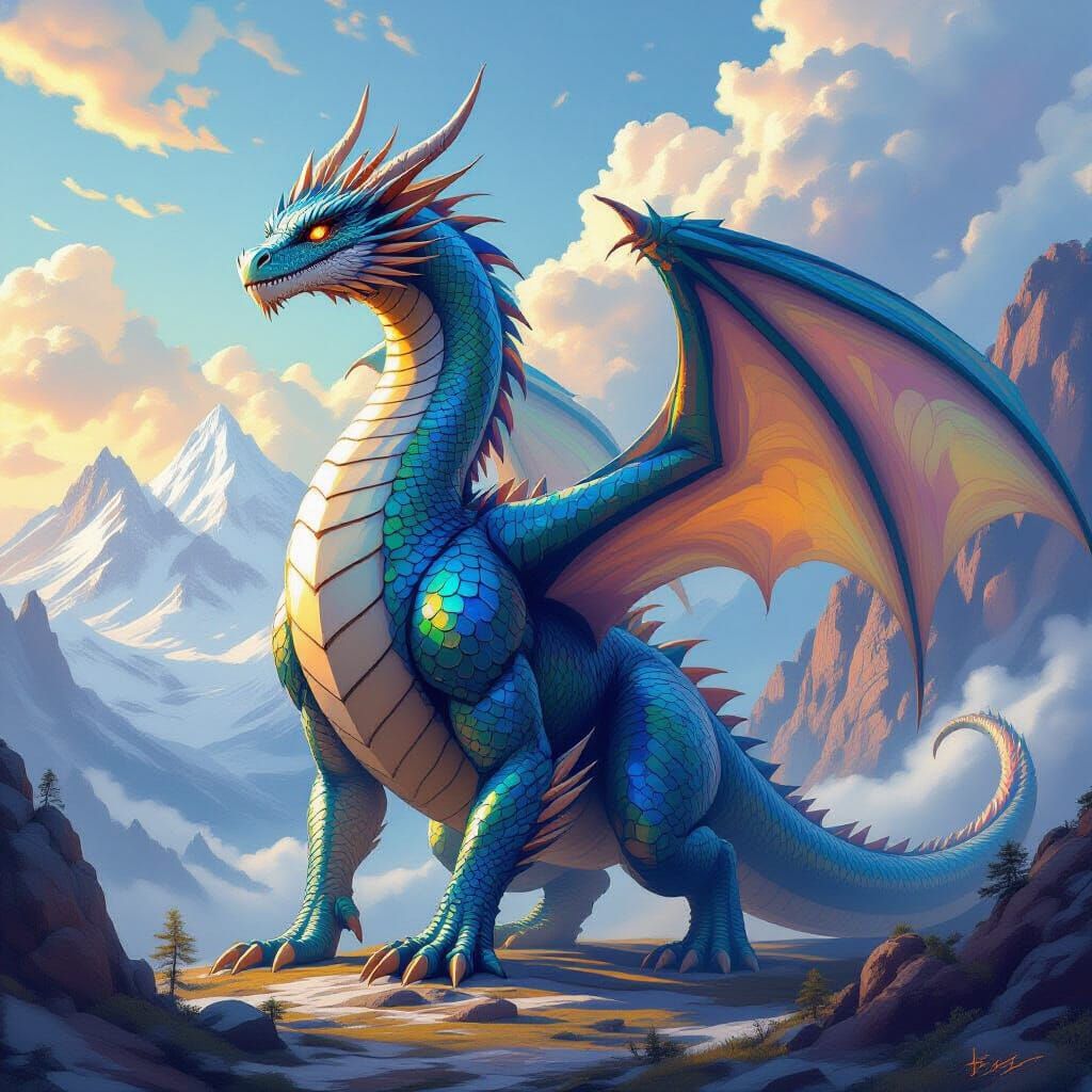 Majestic Iridescent Dragon Ascends in Dreamlike Landscape