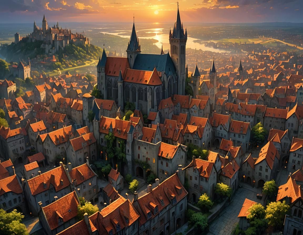 Sunset Over Lush Medieval Cityscape as Oil Painting