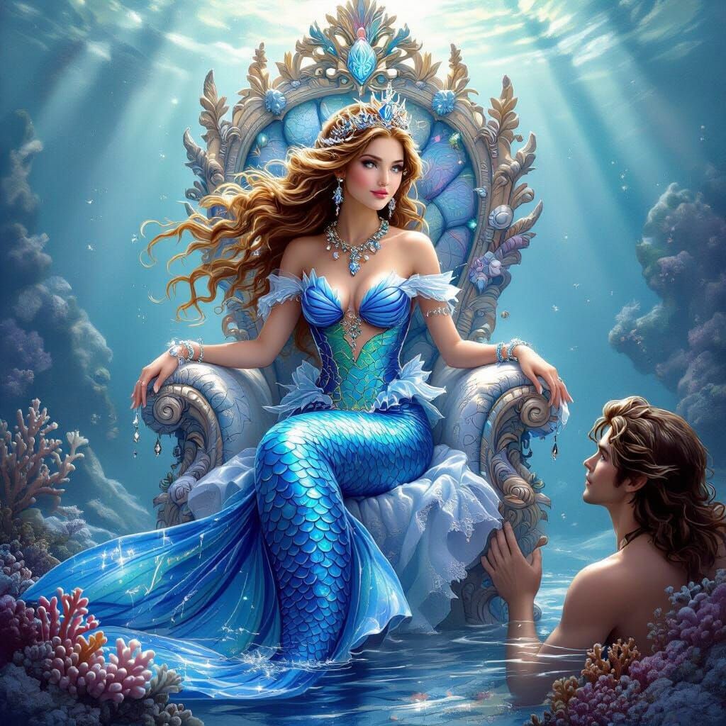 Mermaid Princess on Coral Throne in Ethereal Fantasy Style