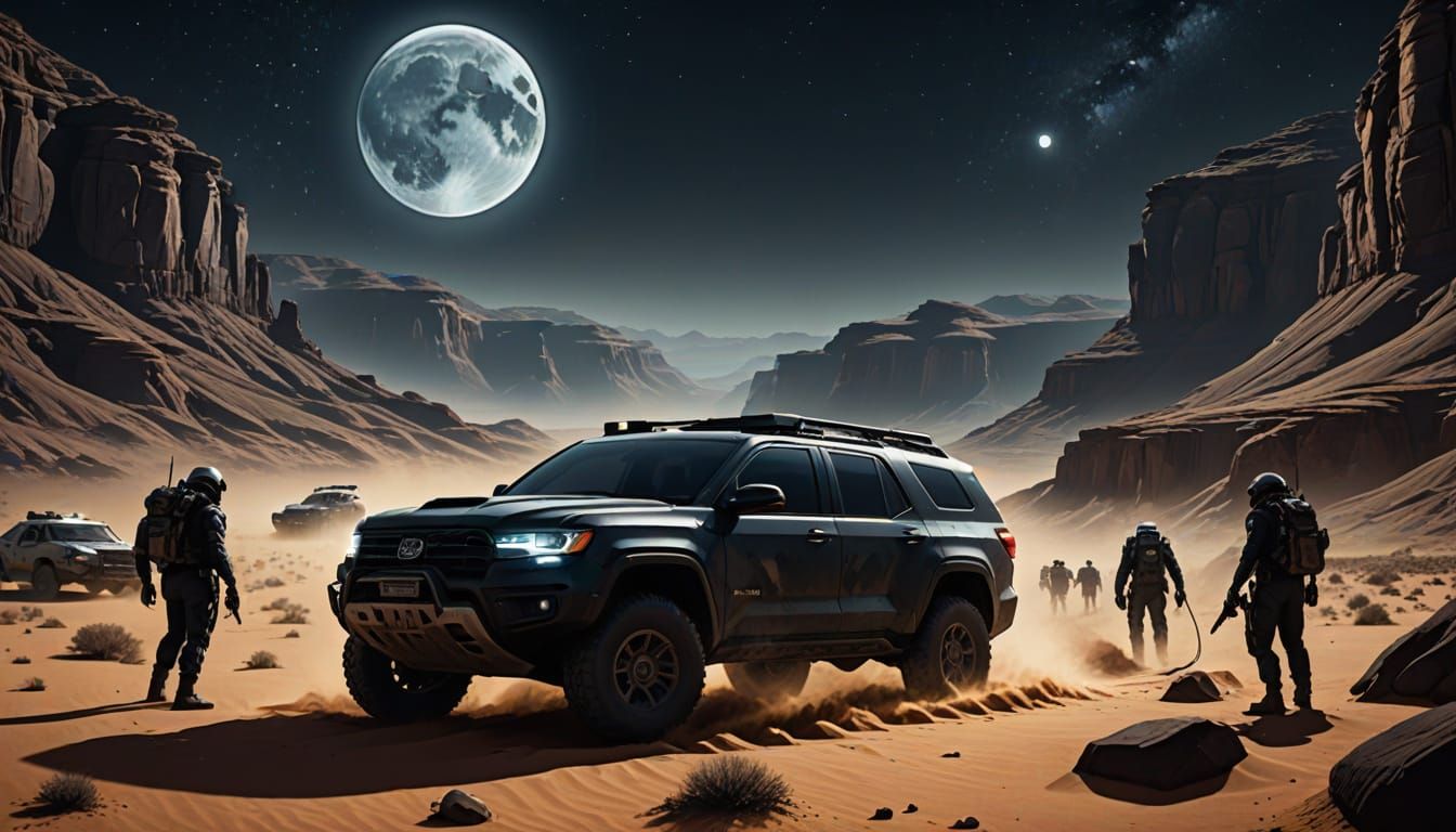 MIB Agents Excavate Alien Relic in Moonlit Desert Canyon