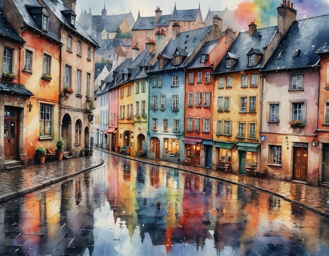 Rainy Morning in Old Town: Watercolor Splash Art