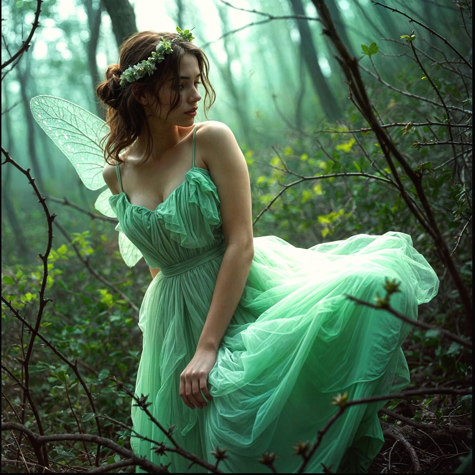 Ethereal Fairy Lost in a Haunting Thorns Forest