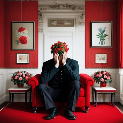 Man in Red Room with Colorful Flowers