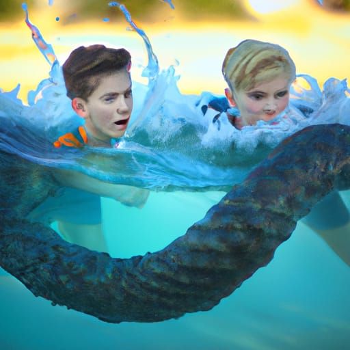 Boys Evade Sea Serpent: Action-Packed Professional Photo