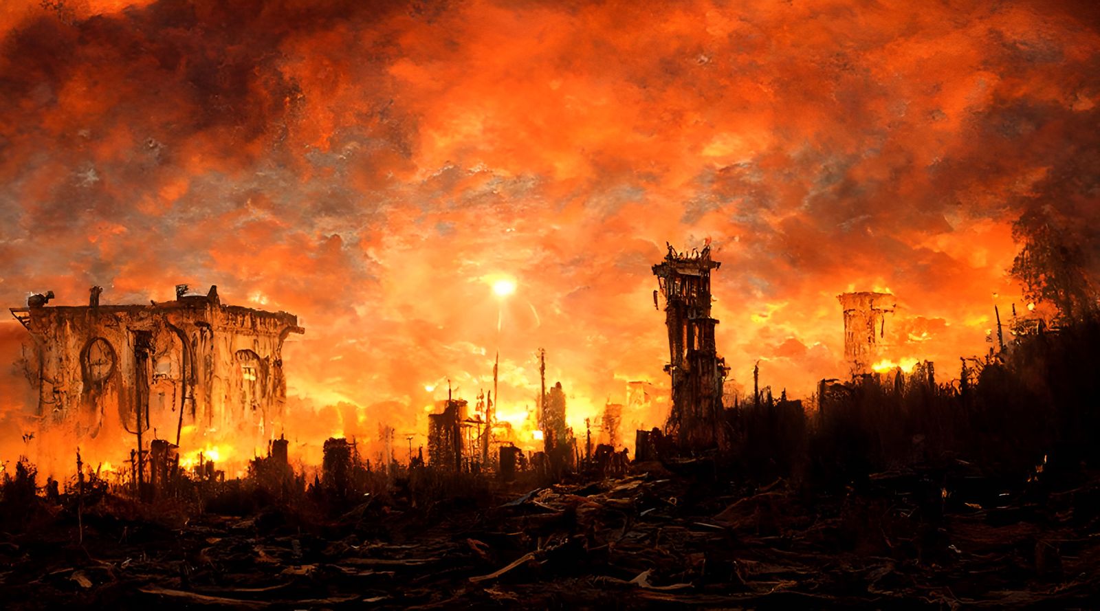 Detailed Post-Apocalyptic Cityscape with Fire, Digital Art