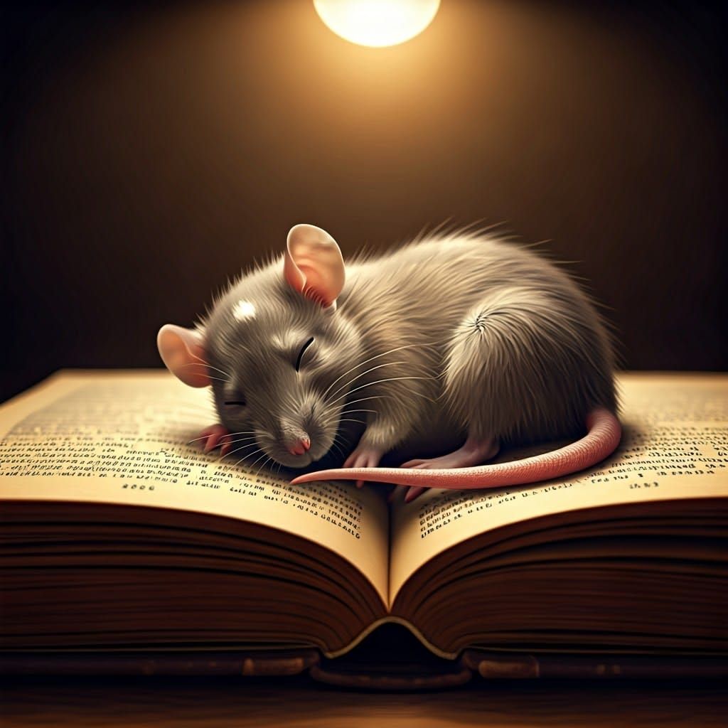 Sleeping Baby Rat on Book in Volumetric Lighting