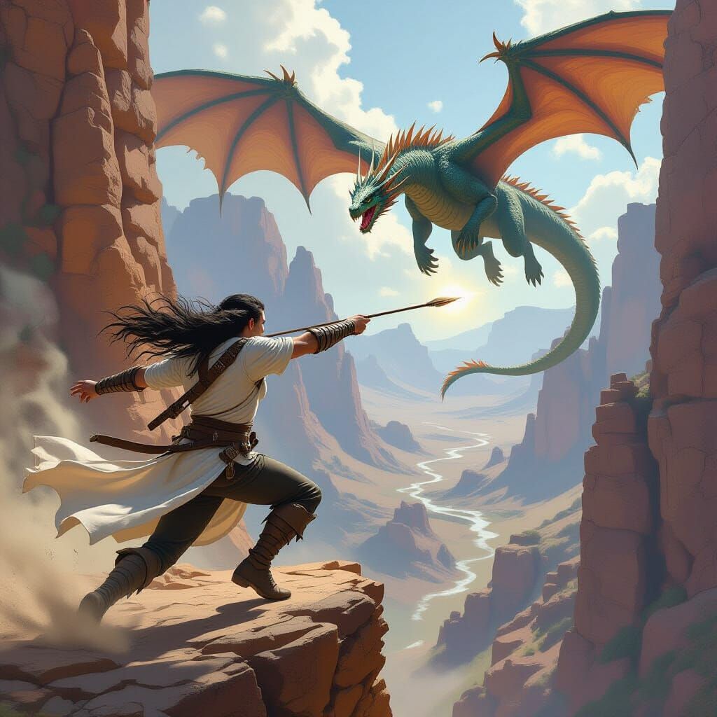 Half-Elf Warrior Attacks Dragon in Canyon Landscape