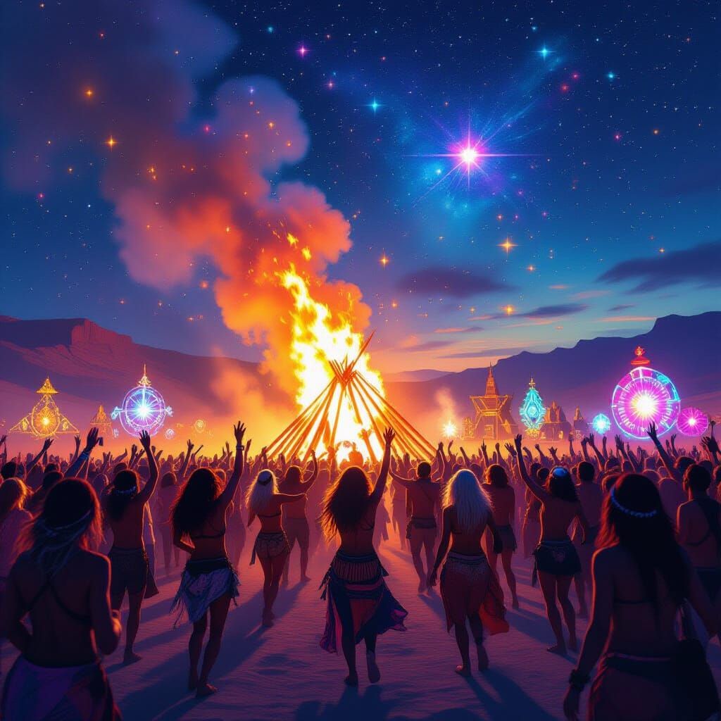 Ecstatic Desert Festival Crowd Dancing Under Starry Night