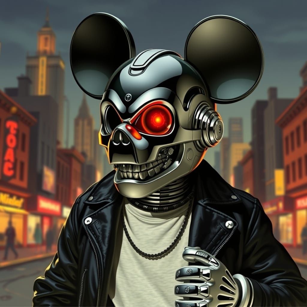 Apocalyptic Mickey Mouse Terminator in Cityscape