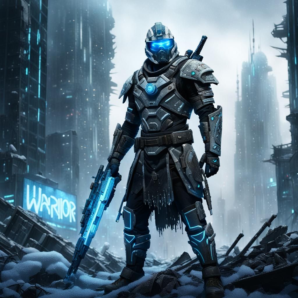 Futuristic Winter Soldier in Abandoned City Ruins