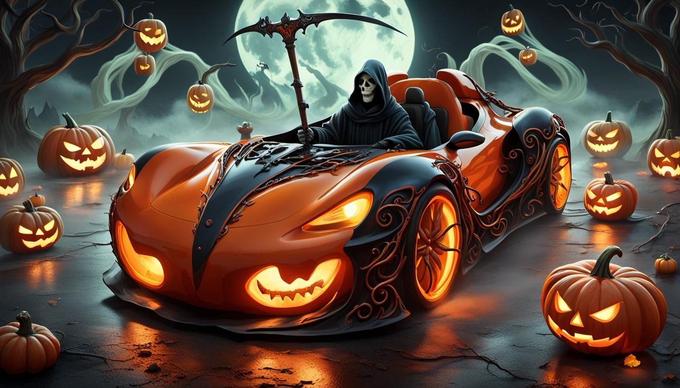 Supernatural Pumpkin Sports Car with Grim Reaper