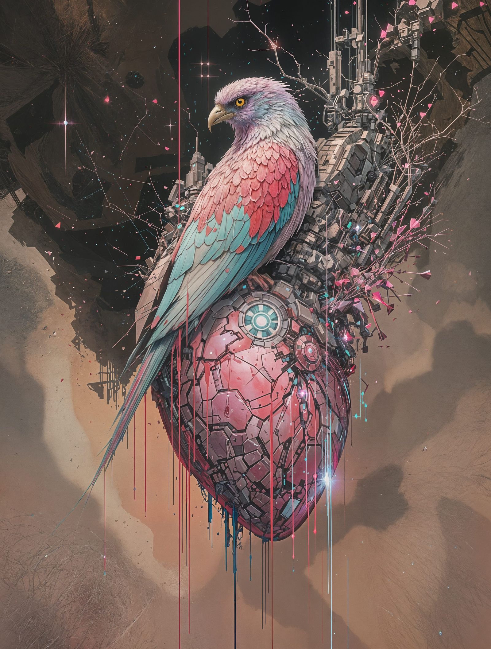 Cyberpunk Bird on a Glitching Heart