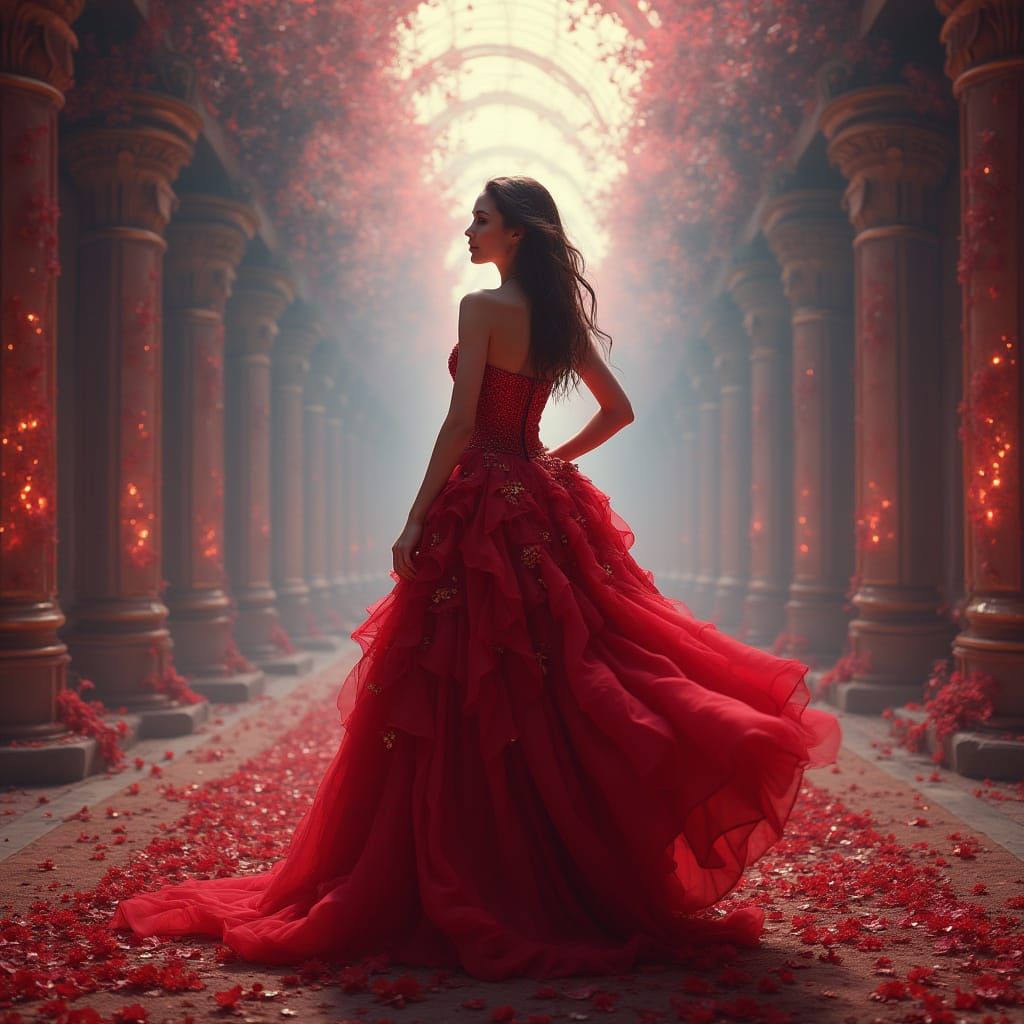 Luxurious Red Ball Gown in Mystical Setting