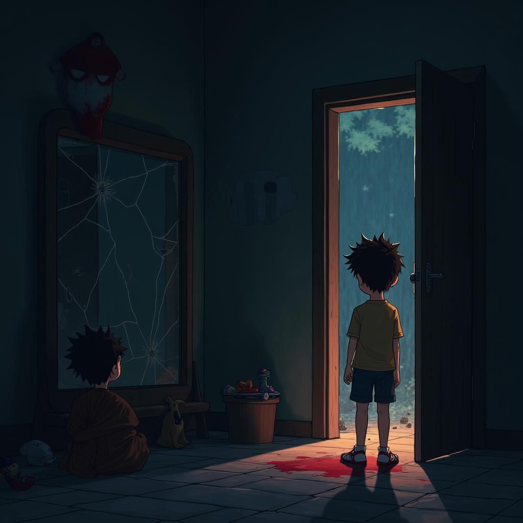 Sorrowful Anime Scene of Boy with Scar