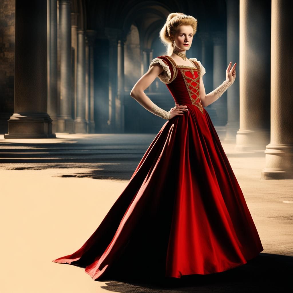 Blonde Lady in Red Gown, 1625 Era Matte Painting