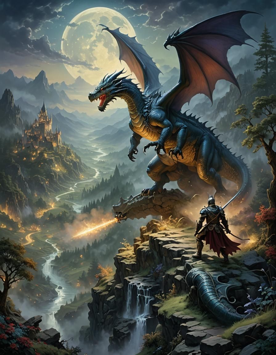 Dragon and Knight Battle in Moonlit Valley