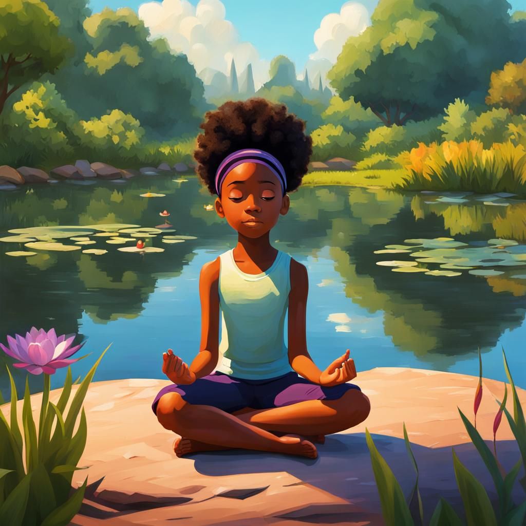 Girl Meditating by Pond in Pixar Style