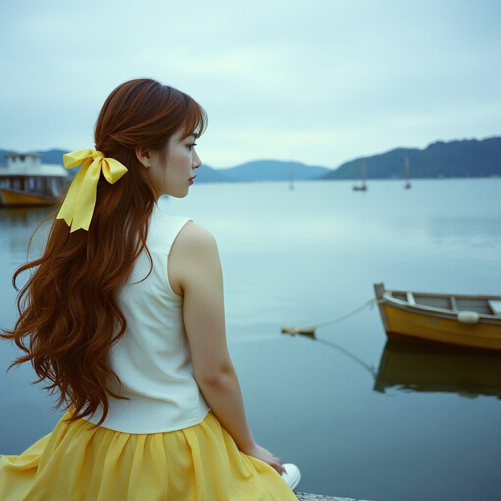 Melancholy Woman with Red Hair on Dock